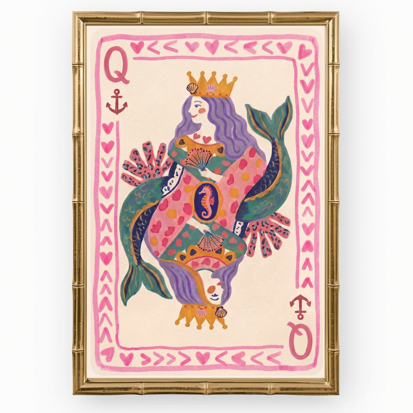 Mermaid Queen of Hearts Art Print, Coastal Preppy Boho Wall Decor