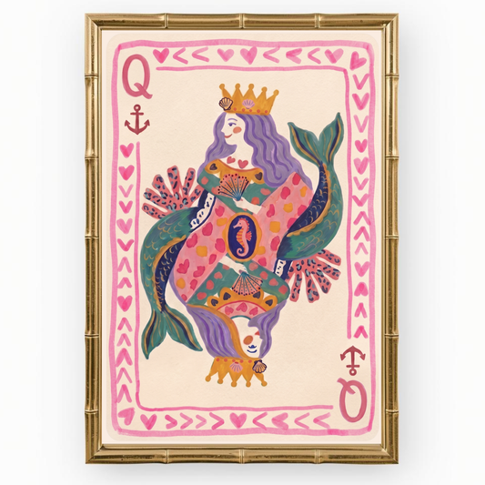 Mermaid Queen of Hearts Art Print, Coastal Preppy Boho Wall Decor
